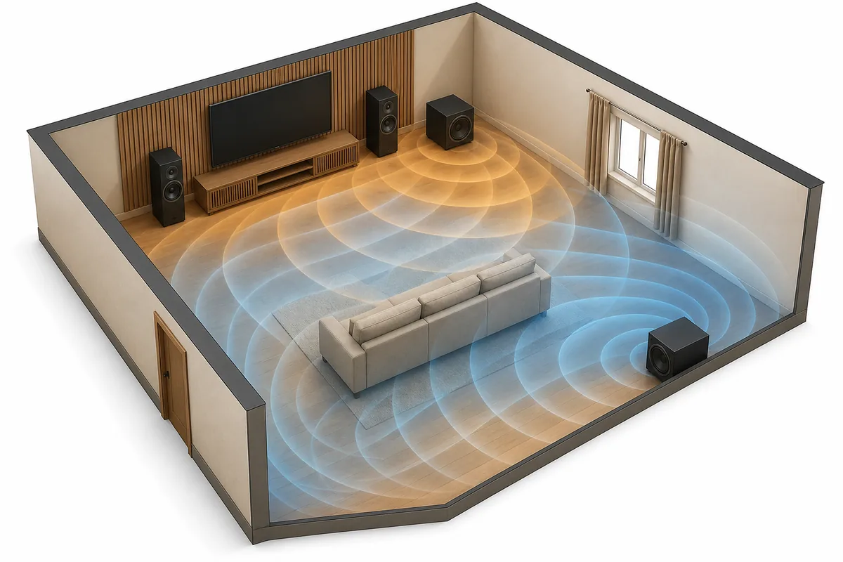 Isometric listening room with two separated subwoofers and overlapping conceptual bass fields around a three-seat sofa